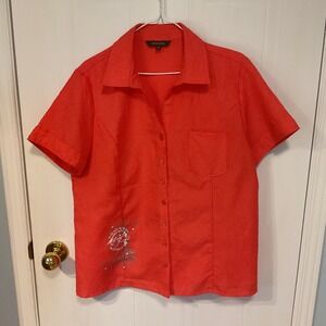 Emotions Button Down Shirt Womens 15 Orange Red Excellent Crinkle Short Sleeve